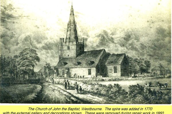 WESTBOURNE HISTORY PHOTO, CHURCH, St. JOHN, YEW, SPIRE, 1770, LUMLEY MILLSTREAM