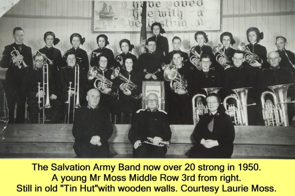 WESTBOURNE HISTORY PHOTO, SALVATION ARMY, BAND, TIN HUT, LAURIE MOSS