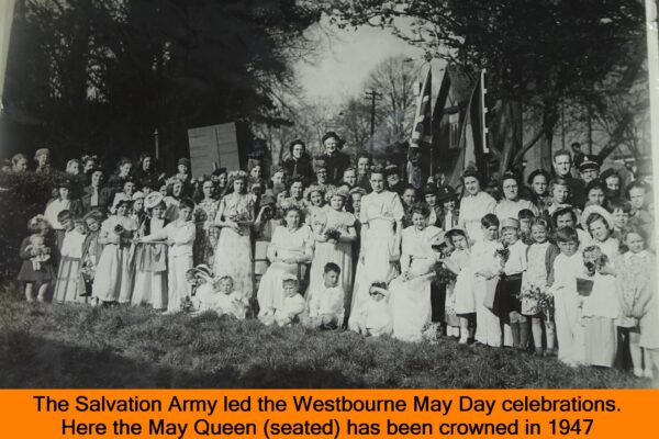 WESTBOURNE HISTORY PHOTO, SALVATION ARMY, BAND, MAY DAY, QUEEN, 1947, LAURIE MOSS,
